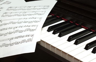 Piano keyboard and music sheets closeup