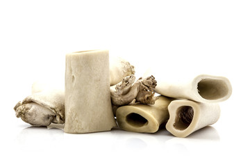 Pile of dog bones isolated on white