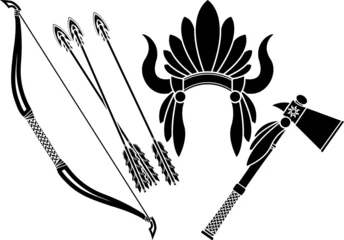 Photo sur Plexiglas Indiens coiffe indienne américaine, tomahawk et arc. pochoir