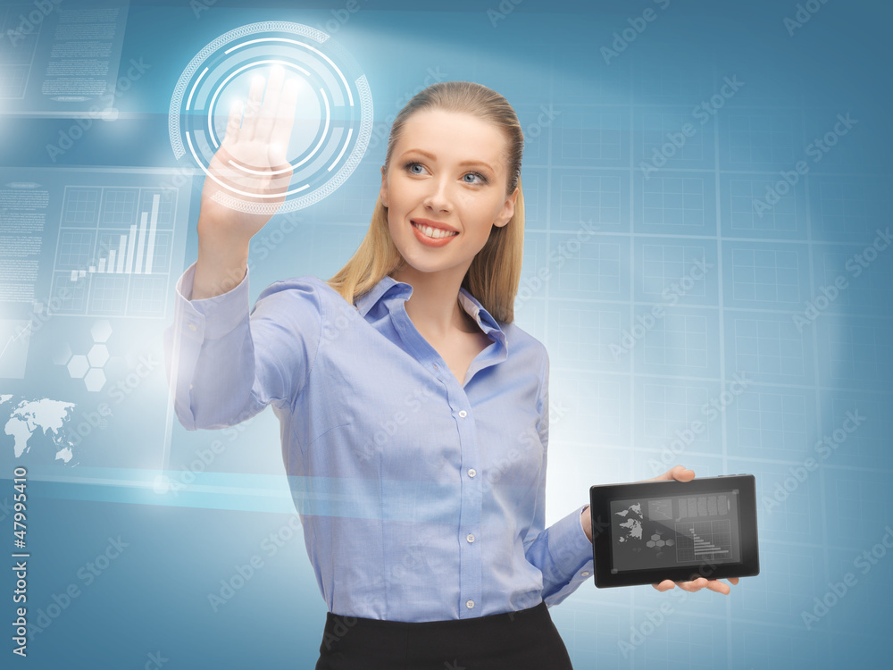 Poster woman working with virtual tablet pc