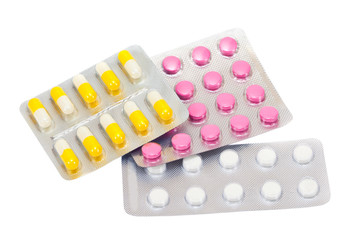 Packs of pills isolated on white background