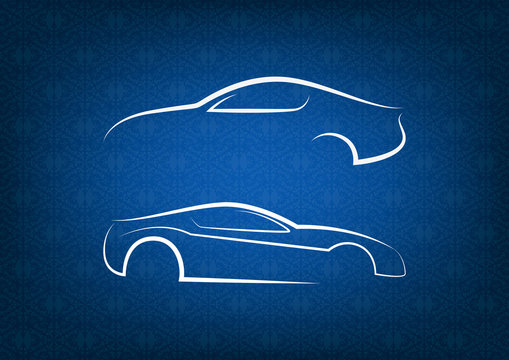 White car logos on blue floral background