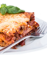 Lasagne on a plate (white background)