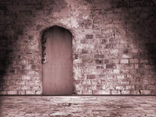 alte Mauer mit Tür - Sepia