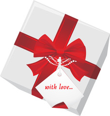 Gift box with tag and red bow