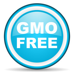 gmo free blue glossy icon on white background