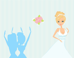 Young bride throwing wedding bouquet to bridesmaids