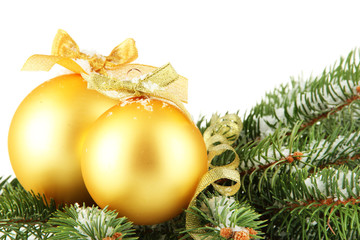 Christmas balls on fir tree with snow, isolated on white