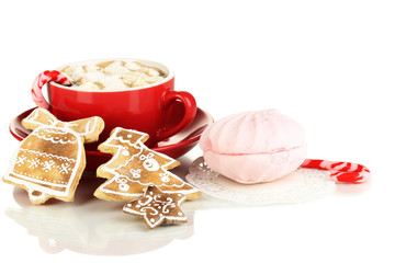 Cup of coffee with Christmas sweetness isolated on white