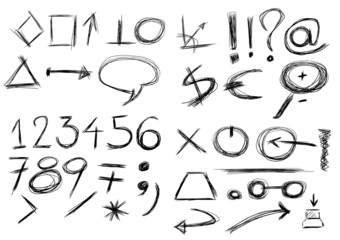 Set  hand drawn, numbers, shapes, circle, square, star,