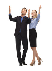 man and woman making a greeting gesture