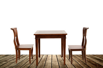 wooden chairs and table isolated on white background