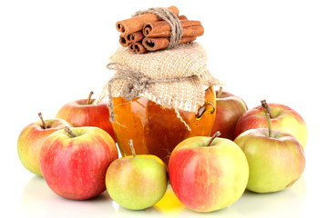 Honey and apples with cinnamon isolated on white