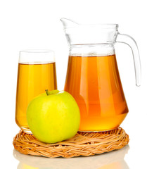 Full glass and jug of apple juice and apple isolted on white