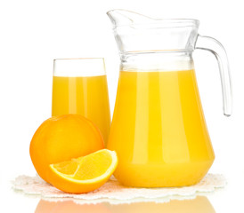 Full glass and jug of orange juice and oranges isolated on