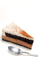 Piece of chocolate cream cake top space for text