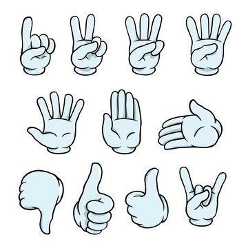Set of cartoon hands showing various gestures.