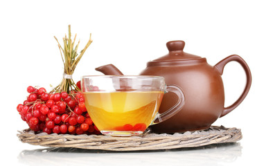 tea with red viburnum isolated on white