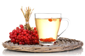 tea with red viburnum isolated on white