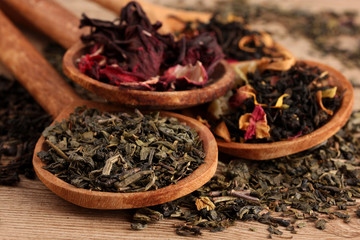 assortment of dry tea in spoons, on wooden background