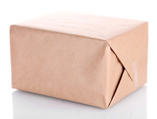 parcel box with kraft paper, isolated on white