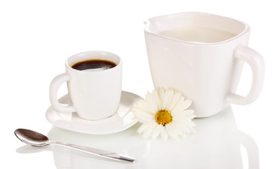 A cup of strong coffee and sweet cream isolated on white