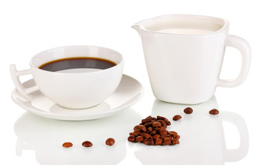 A cup of strong coffee and sweet cream isolated on white