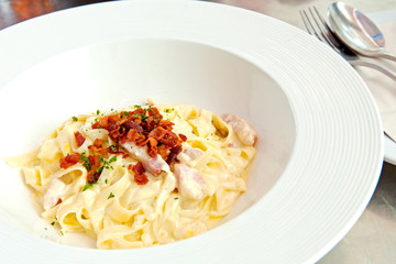Spaghetti Carbonara cream sauce bacon with ham, Italian pasta