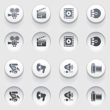 Audio video icons on white buttons. Set 2.