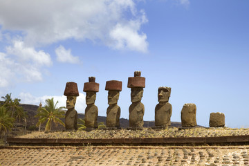 Ahu Nau Nau Moai at Anakena Beach, Easter Island, Chile.