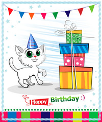 Happy birthday card design. Wwhite cat