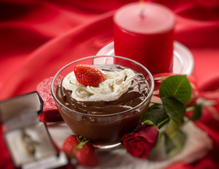chocolate mousse  red roses and diamond ring selective focus