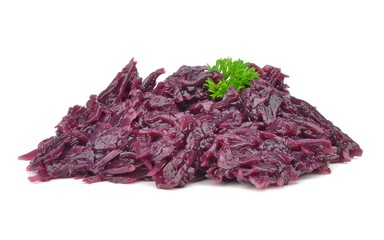 A portion of cooked red cabbage on a white background