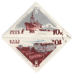 Research vessel and all-terrain vehicle in Antarctica on post st