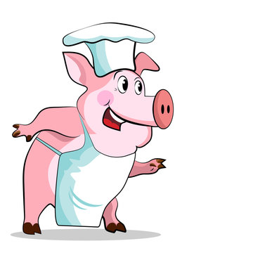 Pig cook - chef holds, isolated on white background.