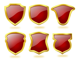 Set of Deep Red Shield Icons with Golden Frame