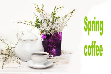  Spring Blossom, coffee and heart over wooden background