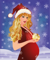 Pregnant woman holding golden Christmas ball. vector
