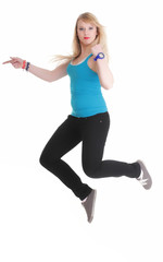 Young female Happy woman jumping with arms up isolated