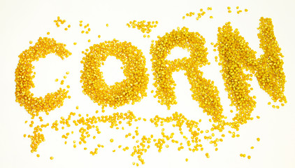Word "corn" written with dried corn grains on white background.
