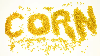 Foto op Canvas Word "corn" written with dried corn grains on white background. © snyfer
