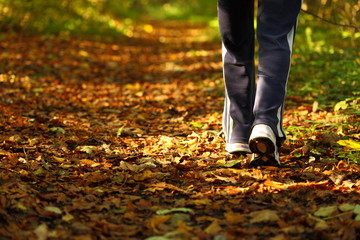 Woman walking cross country trail in autumn forest