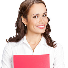 Smiling businesswoman with red folder, on white