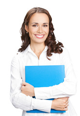 Smiling businesswoman with blue folder, on white