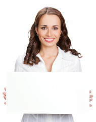 Businesswoman showing blank signboard, isolated