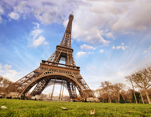 Paris. Wonderful wide angle view of Eiffel Tower from street lev