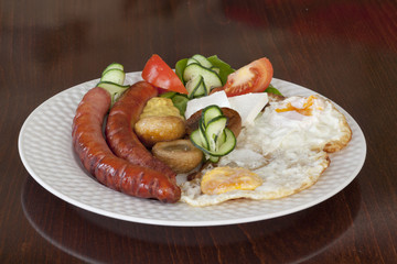 plate with sausage, eggs and mushrooms