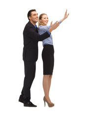 man and woman making a greeting gesture