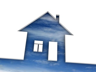 Eco house metaphor. House with sky and clouds.
