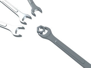 Spanners and nut on white - 3D illustration